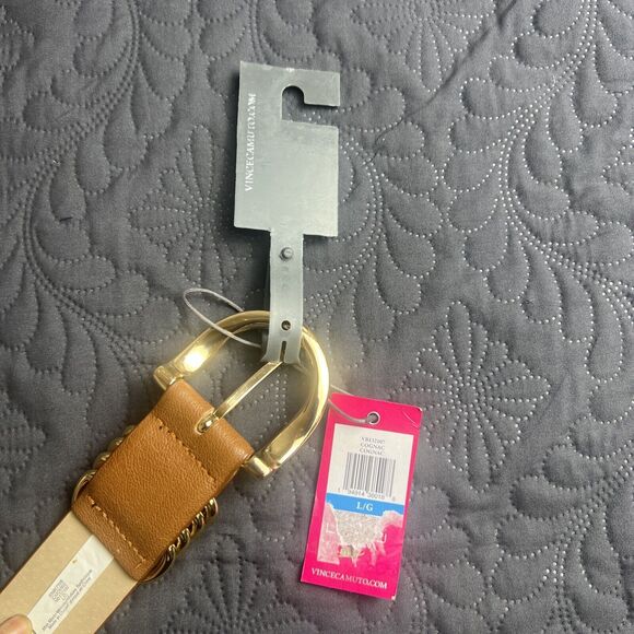 Vince Camuto Cognac Belt w/Gold Buckle, Ring loops & Medallion SZ L: NWT Beige - Picture 5 of 10